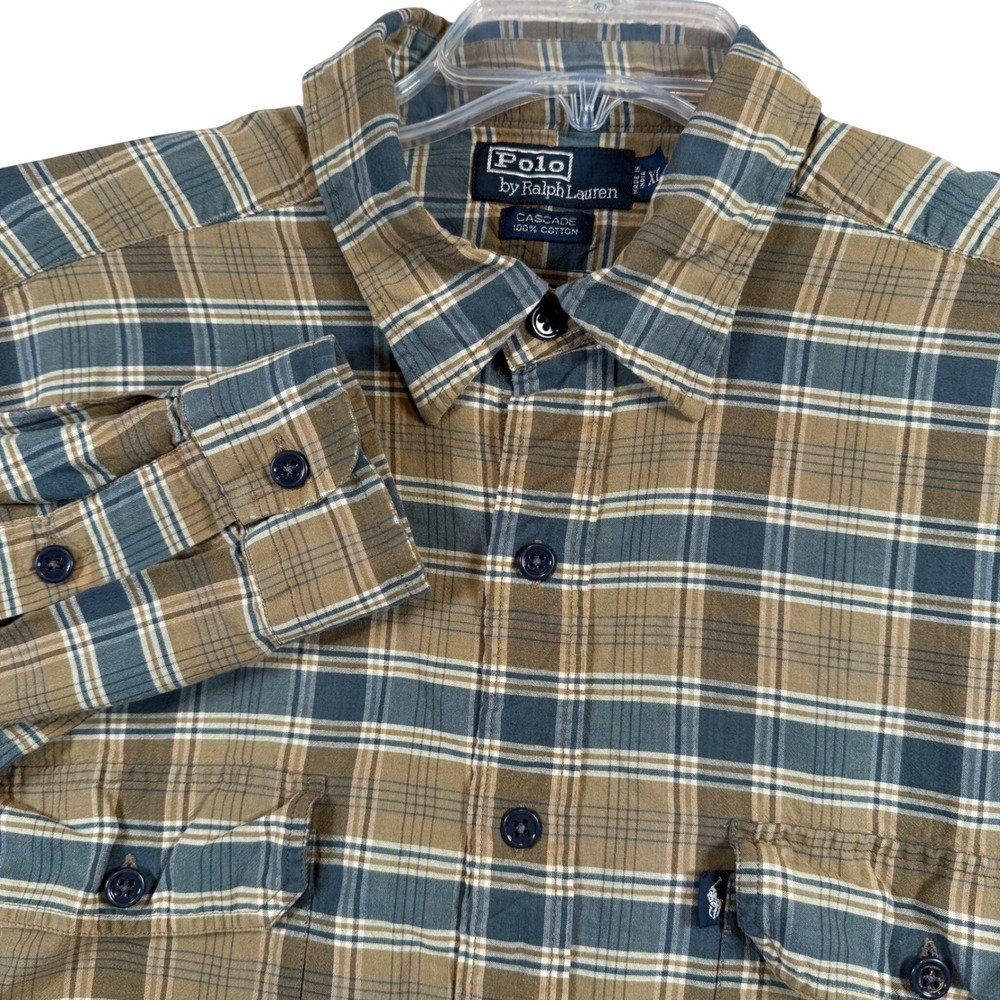 Polo Ralph Lauren Button Down Mens XL Brown Blue Plaid Cascade Cotton Shirt